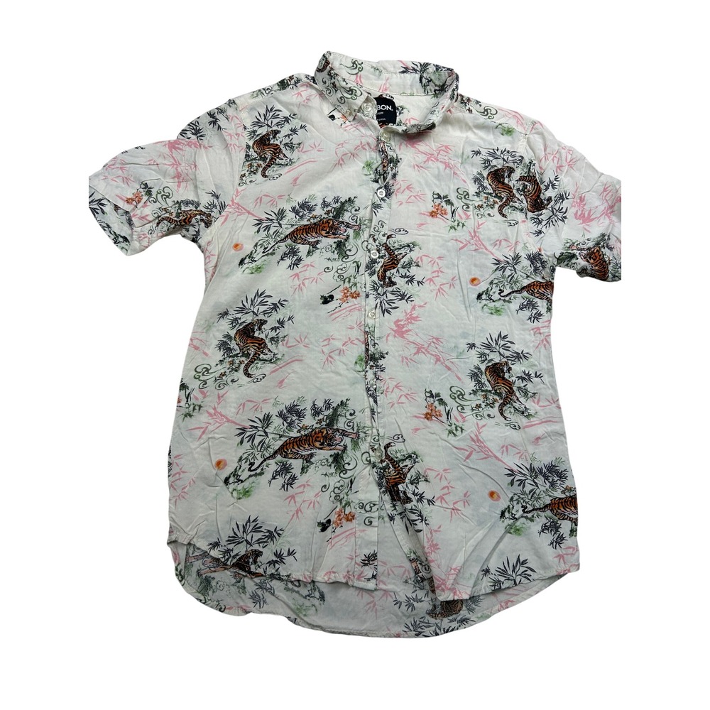 Carbon Tiger Mens Bamboo Shirt M White Rayon Short Sleeve Button Up Tropical